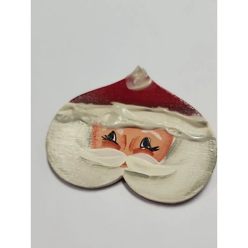 Hand-Painted Santa Face Pin Brooch - Red and White
